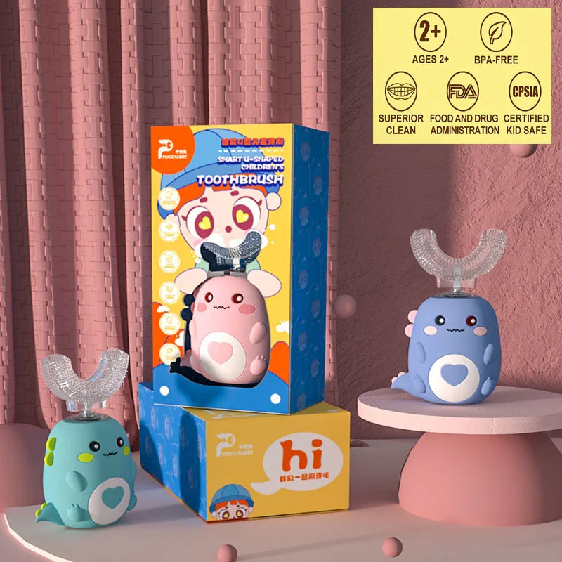 Kids U-Shaped Smart Electric Toothbrush – 360° Rechargeable Cartoon Design
