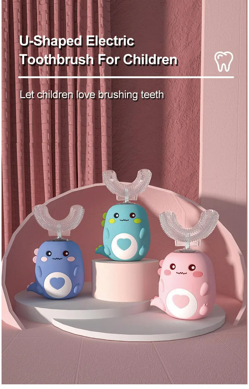 Kids U-Shaped Smart Electric Toothbrush – 360° Rechargeable Cartoon Design