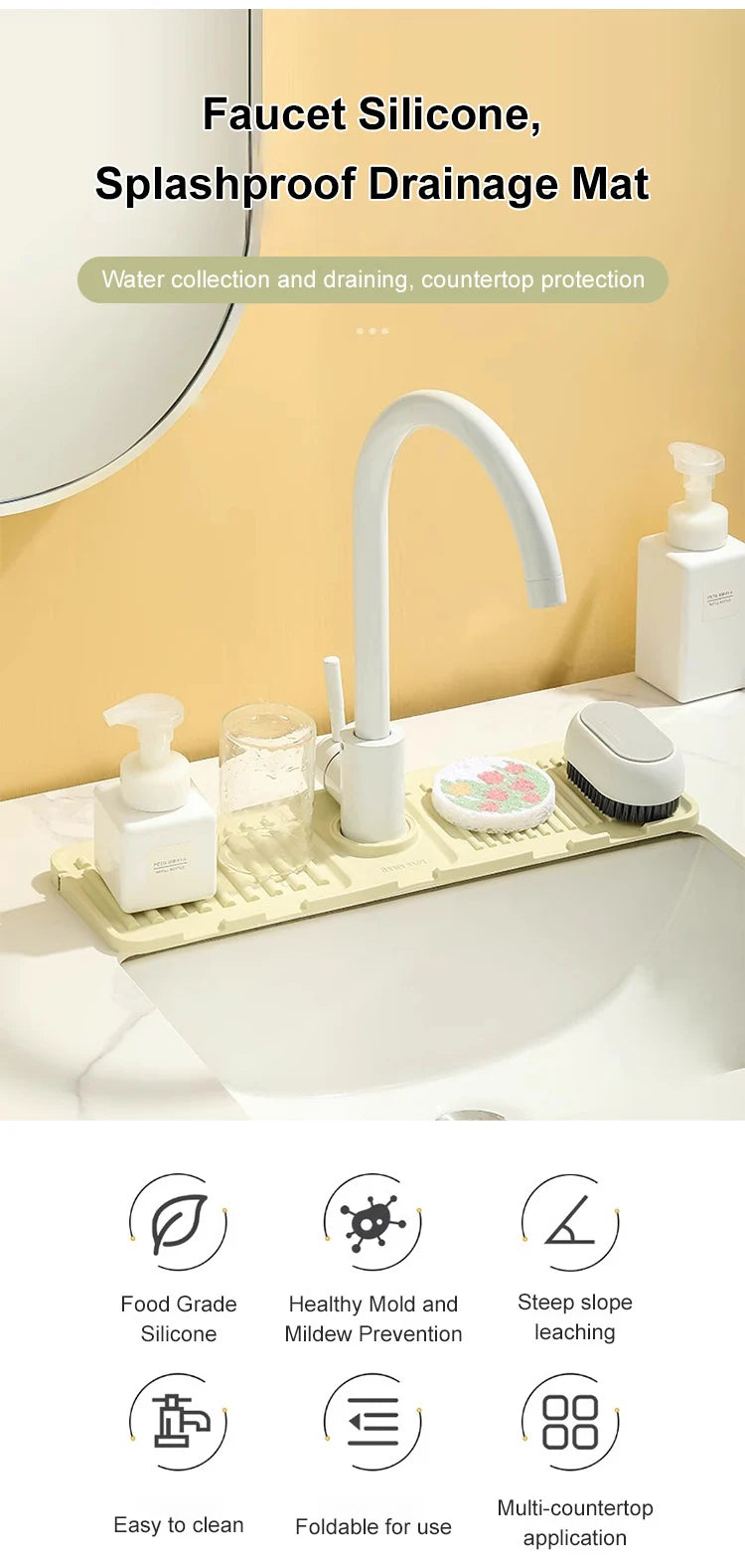 44.5*14.5cm silicone Faucet Draining Matkitchen Sink,Splash Guard, Heightened Non Slip Protects Sinks From Splashing,Soap Dispen