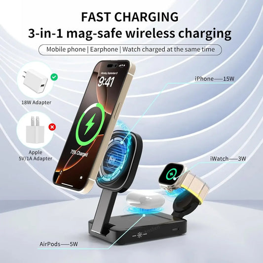 VIKEFON™ 3-in-1 Foldable Magnetic Wireless Charging Station (iPhone, Apple Watch & AirPods)
