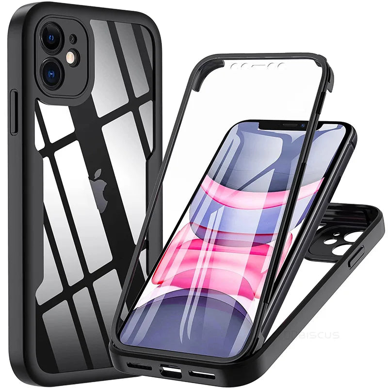 360° Full Body Shockproof Case for iPhone 15/14/13/12/11/XS/XR/SE 2020 – Transparent Front & Back Protection Cover